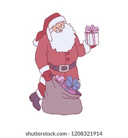 Vector cheerful santa claus in traditional red white clothing, hat giving presents from magic bag or sack. Merry christmas holiday celebration, greeting cards, posters design character