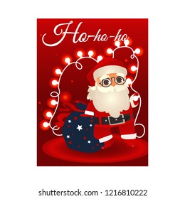 Vector cheerful santa claus in traditional clothing, hat walking with bag with ho-ho-ho lettering inscription red background with christmas lights. Merry christmas winter holiday greeting card poster