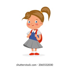 Vector cheerful school girl running with packpack and study books. Happy cartoon young shy kid in school uniform. Back to school character.