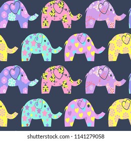 Vector Cheerful Seamless Pattern with colorful cute elephants - Illustration   