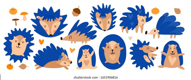 Vector cheerful set of little blue hedgehogs. Cute cartoon hedgehog. Forest animal sleeps, runs, lies. Penning on children's textiles, toys.