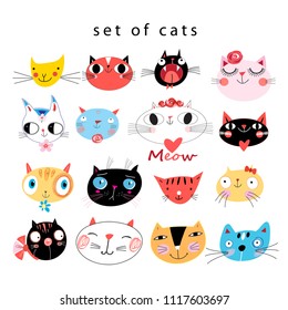 Vector cheerful set of portraits of funny cats on a white background. An example for the design of business cards and other sites.