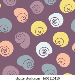 Vector Cheerful Snail Shells on Purple seamless pattern background.