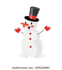 Schneemann in Bowlerhut und Händeknüppel. Sonnige Weihnachten, neues Jahr Winterurlaub Maskottchen.