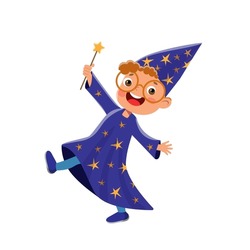 Vector Cheerful Teen Boy In Magician Costume With Stars With Magic Wand With Star At Cap Having Fun. Flat Kid In Fancy Wizard, Sorcerer Costume At Carnival, Party Or Halloween.