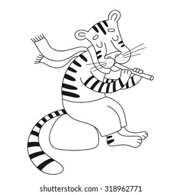 Vector cheerful tiger playing the flute. Cartoon happy cute tiger.