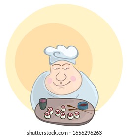 vector with a cheerful waiter holding a dish with sushi rolls. Japanese cuisine