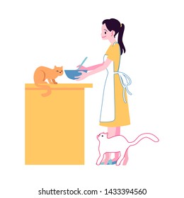 Vector cheerful woman in apron cooking at kitchen surrounded by lovely cats. Attractive young girl with her adorable feline pets. Cute pussycat animal owner cooks at home with cats