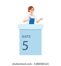 Vector cheerful woman in glasses greeting tourists standing at gate check-in smiling. Female character at airport terminal service. Travelling concept, isolated illustration