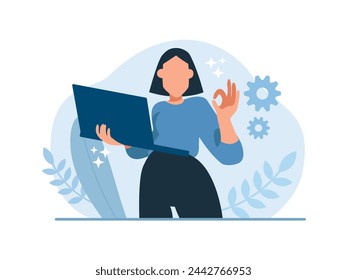 Vector of a cheerful woman with laptop giving ok sign