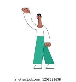 Vector cheerful young african man waving hand standing. Smiling stylized male character with social communication symbol and greeting gesture. Flat isolated illustration