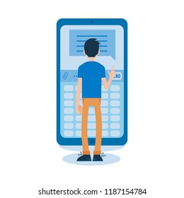Vector cheerful young man standing near huge smartphone device typing number. Modern technology and social communication. Male character and mobile phone.