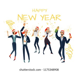 Vector cheerful young men, women at merry christmas, new year party in corporate clothing and xmas hat holding champagne glass, bottle sparkles having fun set. Happy office workers manager at holiday