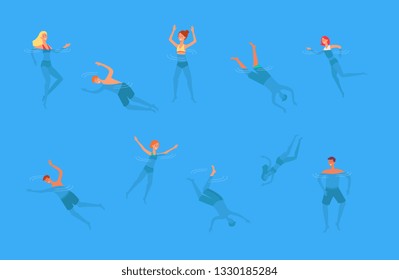 Vector cheerful young people swimming in sea, ocean or swimming pool in swimsuits. Happy women, men enjoying water and summer vacation. Outdoor leisure activity of female, male characters.