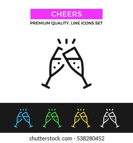 Vector Cheers Icon. Clinking Glasses With Champagne. Celebration, Toast Concepts. Premium Quality Graphic Design. Signs, Symbols, Thin Line Icons Set For Websites, Web Design, Mobile App, Infographics