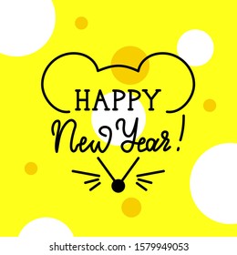 Vector cheese background with a mouse with hand lettering "Happy New Year". Template for print, packaging, postcards, clothes and other uses.
