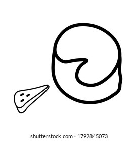 Vector cheese with a black line. Simple food and cooking illustration in doodle style on a white isolated background hand drawn. Design for social networks,web,advertising,banners,menus,recipes.