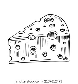 Queso vectorial con línea negra. Sencilla ilustración gastronómica y culinaria en forma de doodle sobre un fondo blanco aislado dibujado a mano. Diseño para redes sociales, web, publicidad, banners, menús, recetas.