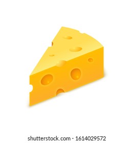 Vector cheese cheddar piece. Slice block of swiss cheese. Triangle realistic isolated yellow icon.