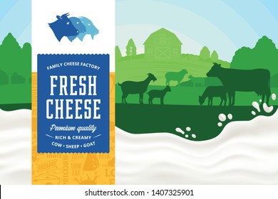 Vector cheese illustration with rural landscape, cow, sheep and goat for groceries, packaging and advertising. Modern style cheese label. Realistic milk splash. Dairy farm or farming design elements.