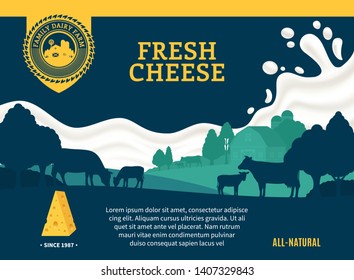 Vector cheese illustration with rural landscape, cows and calves for groceries, agriculture stores, packaging and advertising. Realistic milk splash. Dairy farm or farming design elements.