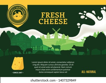 Vector cheese illustration with rural landscape, cows and calves for groceries, agriculture stores, packaging and advertising. Realistic milk splash. Dairy farm or farming design elements.