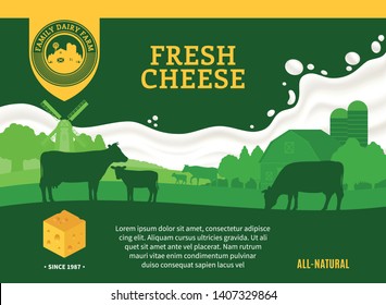 Vector cheese illustration with rural landscape, cows and calves for groceries, agriculture stores, packaging and advertising. Realistic milk splash. Dairy farm or farming design elements.