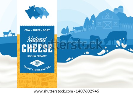 Vector cheese illustration with rural landscape, cow, sheep and goat for groceries, packaging and advertising. Modern style cheese label. Realistic milk splash. Dairy farm or farming design elements.
