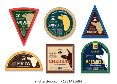 Vector cheese labels and packaging design templates. Cow, sheep, and goat icons