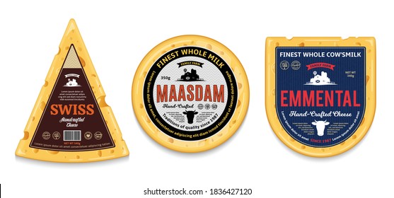 Vector cheese labels and packaging design elements. Detailed cheese illustrations