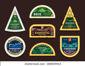 Vector cheese labels and packaging design elements. Different types of cheese detailed icons. Dairy farm illustrations with cows, sheep, and goats