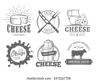 Etiquetas de queso vectorial. Juego de insignias con rodajas de queso, jugo de leche, vaca, plato, cuchillo y tenedor. Logotipos de lácteos antiguos.