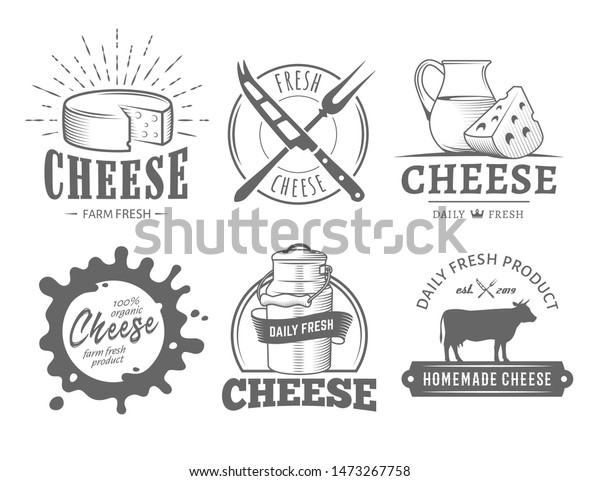 Vector cheese\
labels. Set of badges with cheese slices, milk jug, cow, plate,\
knife and fork. Vintage dairy\
logos.