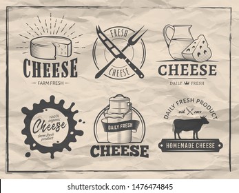 Vector cheese logos. Set of badges with cheese slices, milk jug, cow, plate, knife and fork. Dairy labels on vintage paper background.