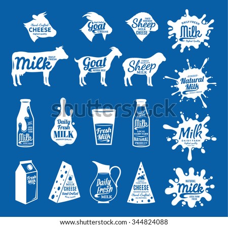 Vector cheese and milk logo. Dairy products, farm animals icons and milk splashes