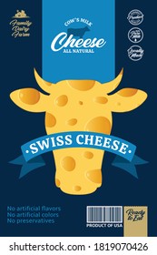 Vector cheese packaging with cow and realistic cheese texture