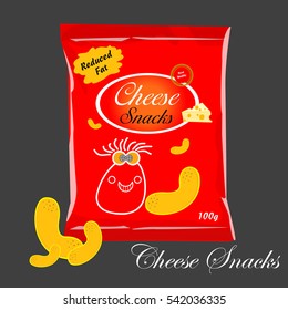 Vector Cheese puffs package design with cheese puff snacks in 3d illustration. corn puff snacks packaging design with funny character. foil bags. graphic designers idea. food packaging for factories.