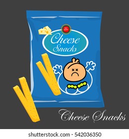 Vector Cheese puffs package design with cheese puff snacks in 3d illustration. corn puff snacks packaging design with funny character. foil bags. graphic designers idea. food packaging for factories.