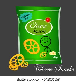 Vector Cheese puffs package design with cheese puff snacks in 3d illustration. corn puff snacks packaging design with funny character. foil bags. graphic designers idea. food packaging for factories.