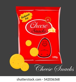Vector Cheese puffs package design with cheese puff snacks in 3d illustration. corn puff snacks packaging design with funny character. foil bags. graphic designers idea. food packaging for factories.