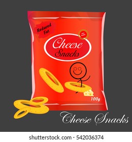 Vector Cheese puffs package design with cheese puff snacks in 3d illustration. corn puff snacks packaging design with funny character. foil bags. graphic designers idea. food packaging for factories.