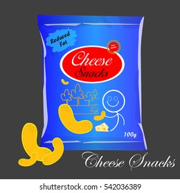 Vector Cheese puffs package design with cheese puff snacks in 3d illustration. corn puff snacks packaging design with funny character. foil bags. graphic designers idea. food packaging for factories.