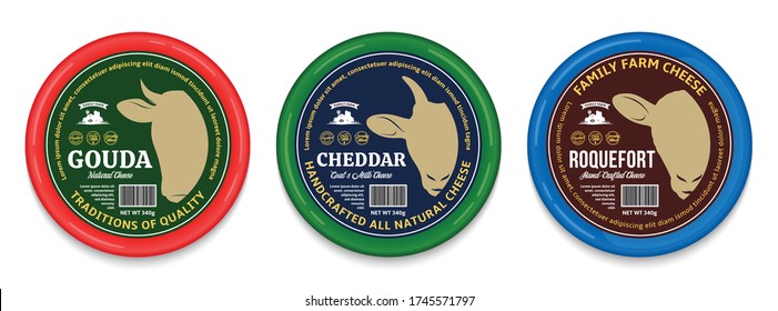 Vector Cheese Round Labels And Packaging Design Templates. Cow, Sheep And Goat Icons