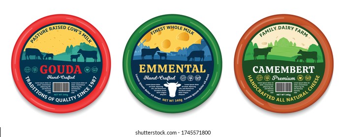 Vector cheese round labels and packaging design elements. Different types of cheese detailed patterns. Dairy farm illustrations with cows and calves