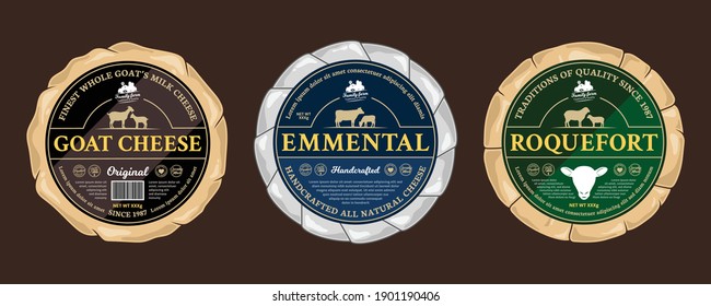 Vector cheese round labels and cheese wheels wrapped in paper. Cow, sheep, and goat silhouettes