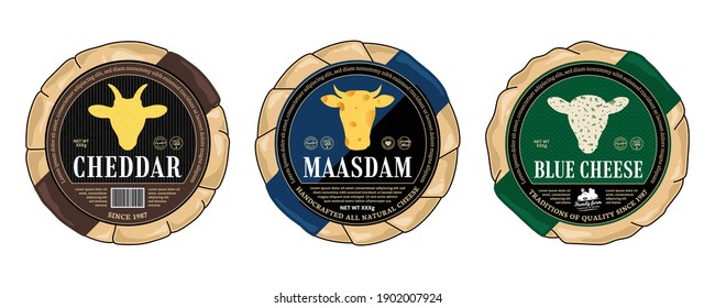 Vector cheese round labels and cheese wheels wrapped in paper. Cow, sheep, and goat icons