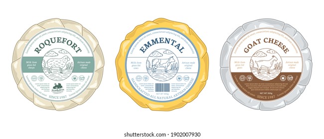 Vector cheese round labels and cheese wheels wrapped in paper. Cow, sheep, and goat illustrations
