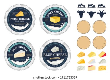 Vector cheese round labels and cheese wheels wrapped in paper. Different types of cheese detailed icons, milk splashes and dairy animals silhouettes