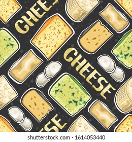Vector Cheese Seamless Pattern, square repeat seamless ornament with cut out illustrations of fresh assorted cheese, food pattern for wrapping paper of farm grocery store on dark abstract background.