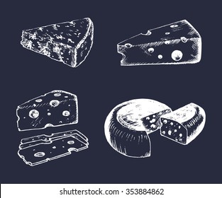 Vector cheese set. Vintage hand drawn parmesan, cheddar, edam etc illustrations on black background. Dairy products sketches.